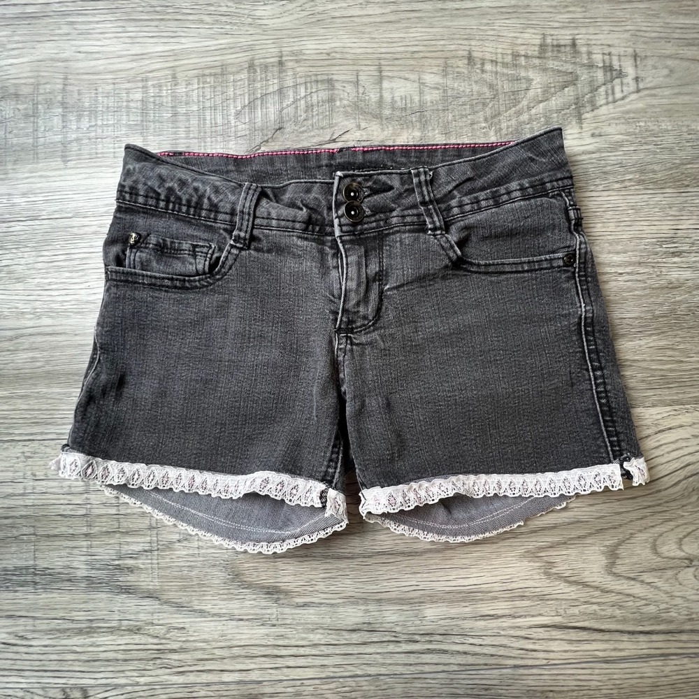 Lovesick Denim Shorts Women 3 Black Lace Trim Skull Stud Low Rise Mall Goth Emo